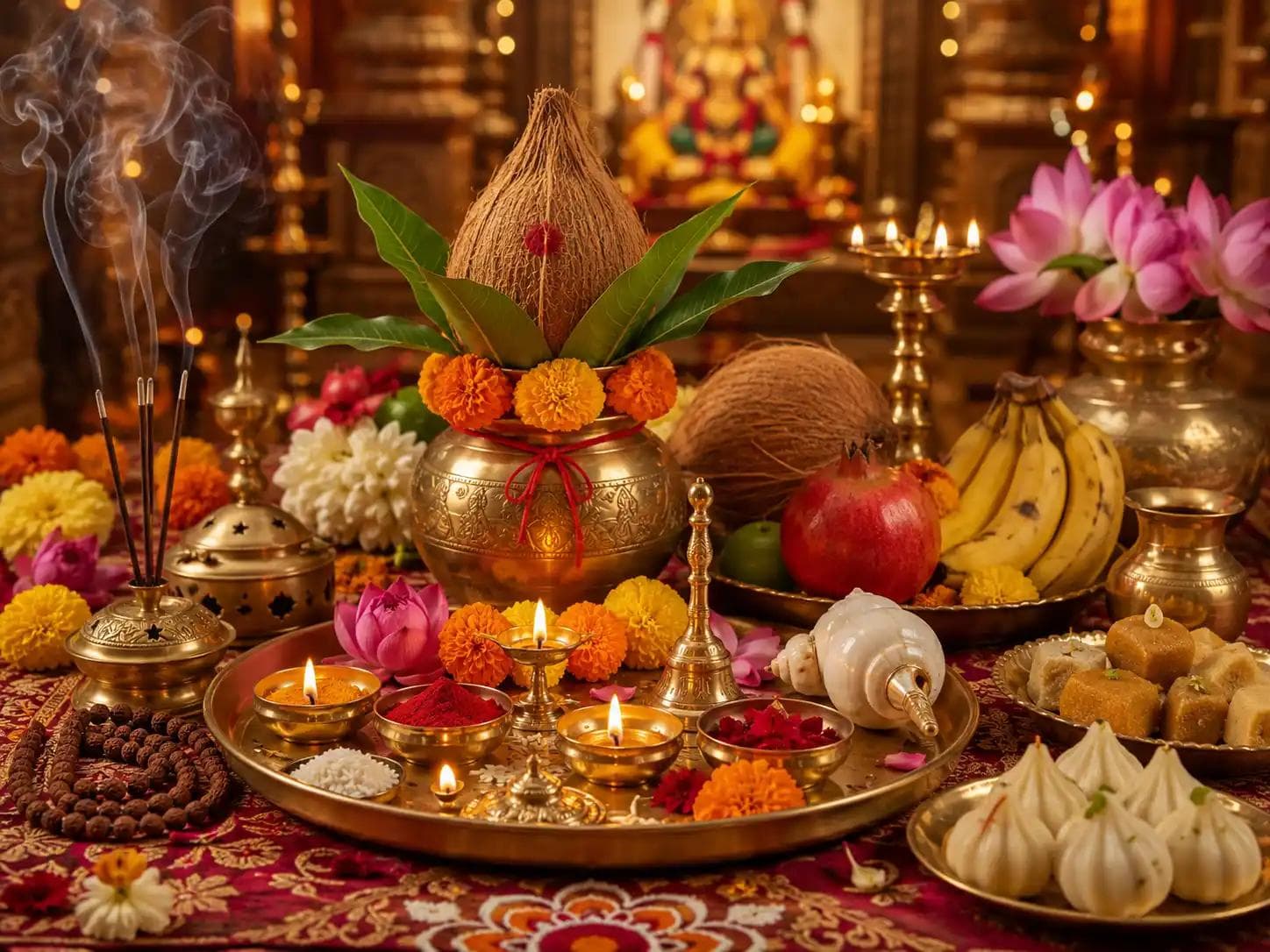 Pooja samagri arranged for a traditional Hindu ritual