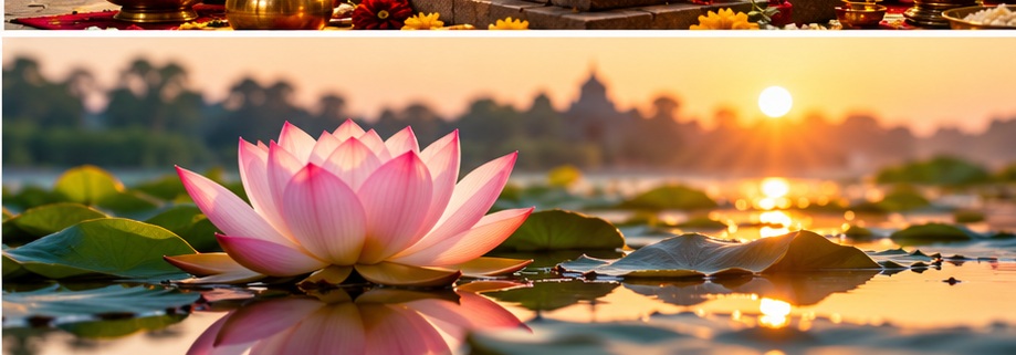 Lotus flower floating on calm water at sunrise