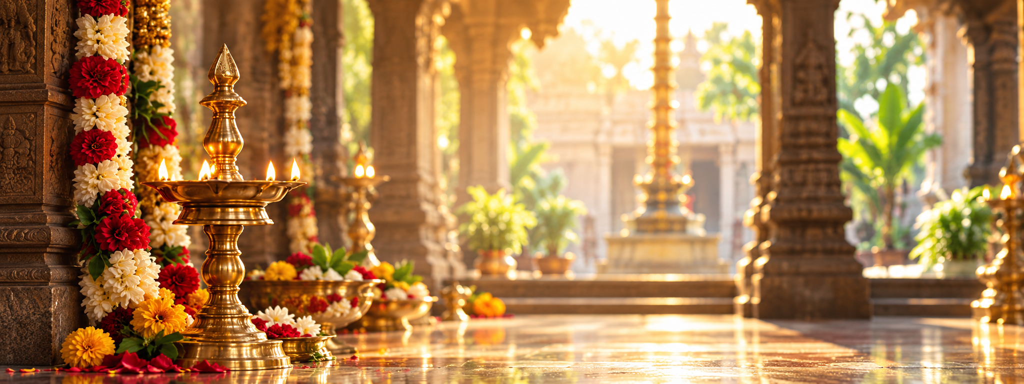 Traditional temple interior with devotional lamps